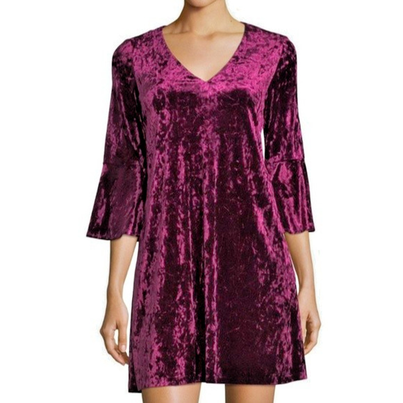 ELIZA J Crushed Velvet Shift Dress Bell Sleeves V-Neck Cocktail Party Size 10 - Picture 1 of 12